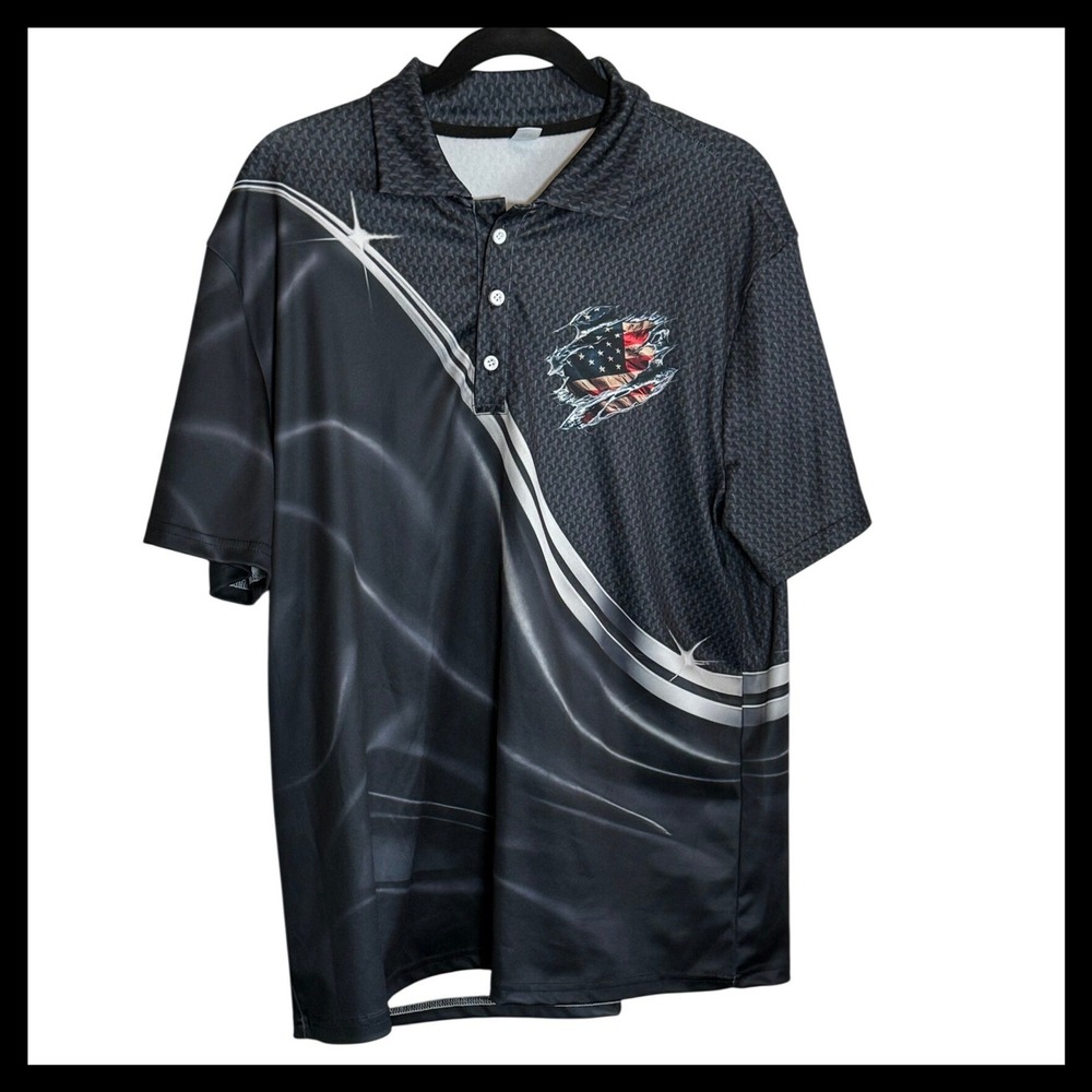 Mens XL American Flag Torn Graphic Polo Shirt Black Grey Sublimated Performance